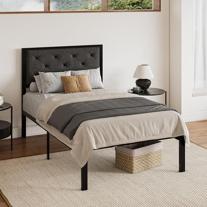SHA CERLIN Twin Size Metal Platform Bed Frame,Linen Upholstered Button Tufted Headboard, Mattress Foundation with 12.4” Under-Bed Storage, Noise-Free, Easy Assembly, No Box Spring Needed, Dark Grey