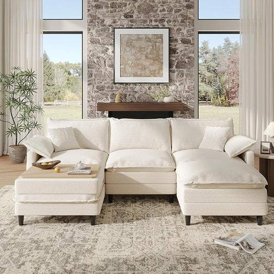 108" U Shaped Modular Sectional Cloud Couch with Two Ottoman, Snap-on Easy Installation 5-Piece Deep Seat Sofas with Storage Bag and Coffee Table for Living Room, Corduroy, Beige