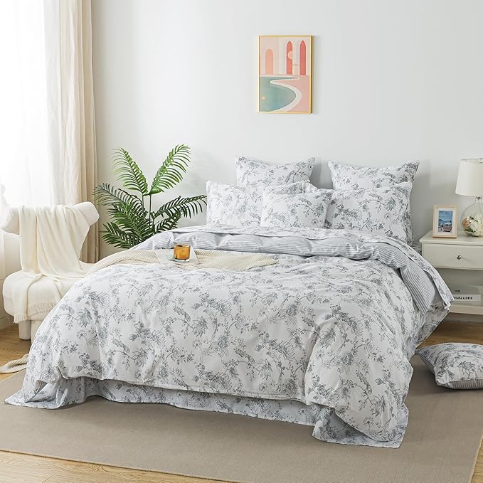 FADFAY Gray and White Duvet Cover Set Queen Shabby White Floral Bedding Vintage Bird Farmhouse Bedding Peacock Quilt Cover Set 100% Cotton Comforter Cover with Hidden Zipper Closure 3Pcs, Queen Size