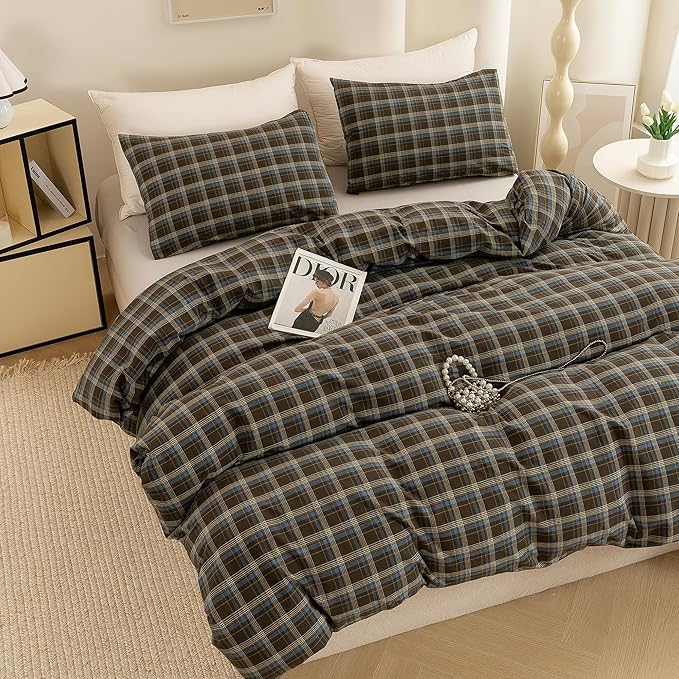 ECOCOTT Buffalo Plaid Duvet Cover King Size – 3 Piece Washed Cotton Brown & Blue Bedding Set, Soft & Breathable, Reversible Checkered Design with Zipper Closure & Corner Ties