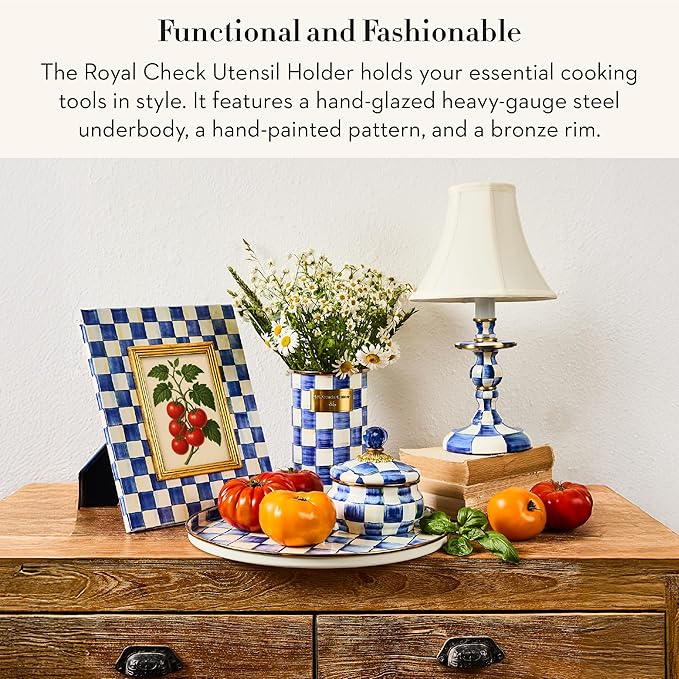 MACKENZIE-CHILDS Enamel Utensil Holder, Kitchen Utensil Holder for Countertop, Storage Caddy, Blue-and-White Royal Check