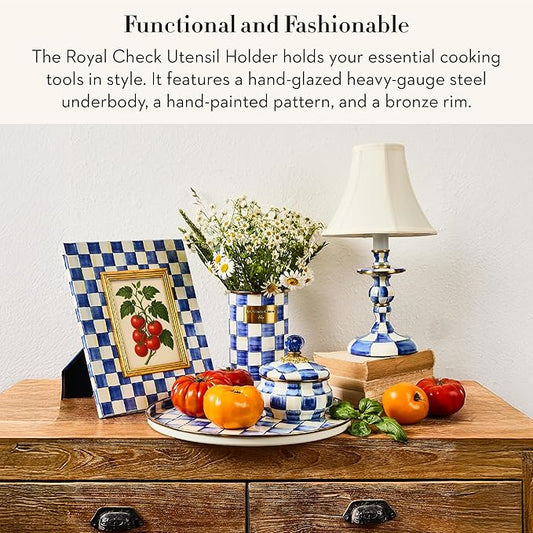 MACKENZIE-CHILDS Enamel Utensil Holder, Kitchen Utensil Holder for Countertop, Storage Caddy, Blue-and-White Royal Check
