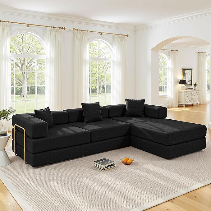 108" Oversized Convertible Sleeper Sofa Bed, Corduroy L Shape Sectional Couch, Folding Sofa Bed with Fixed-Shape Frame, Modern Cloud Floor Mattress Couch, Modular Sofa for Living Room,Black