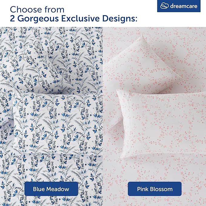 DREAMCARE King Size Floral Sheets - 4pc King Bed Set - Cooling & Soft Long Lasting - Floral Blue