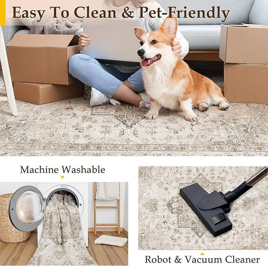 Taupe Area Rug 4x5 Washable Vintage Carpet for Office Kitchen Non Slip Retro Distressed Door Mat Low Pile Soft Oriental Medallion Thin Small Throw Rug Entryway Bedroom Bathroom Dining Room