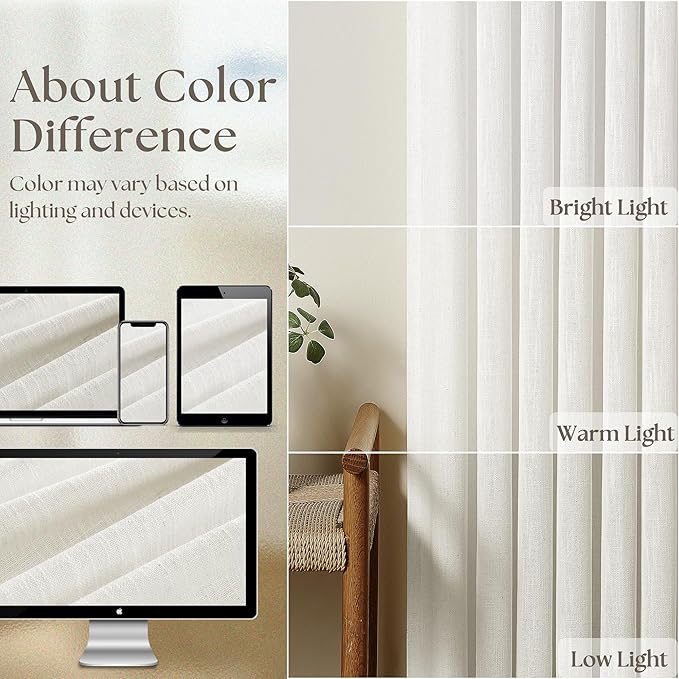 Extra Wide Linen Curtains 102 Inches Long 70 Inch Wide for Living Room Bedroom Light Filtering Beige Off White Pinch Pleated Curtains Hooks Rings Back Tab for Sliding Door 1 Panel 70Wx102L