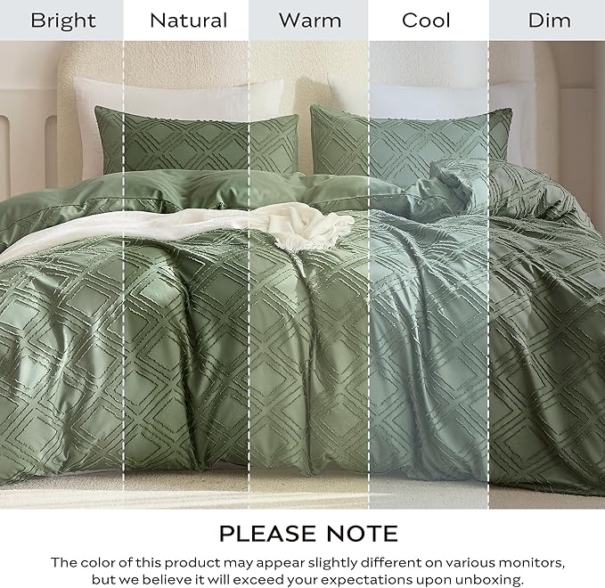 JELLYMONI Duvet Cover King Size Green - 3PCS Boho Duvet Cover Set Plaid Polyester Tufted Bohemian Jacquard Knit Textured Comforter Cover 104×90in Rhombic Geometric Pattern Zipper Corner Tie