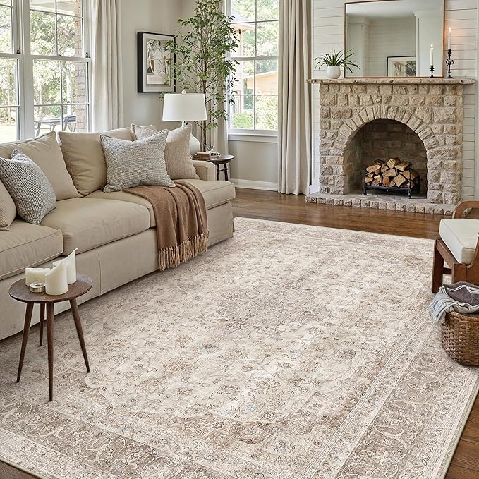 Beige Area Rug 8x10 for Living Room Washable Vintage Carpet Low Pile Non Slip Distressed Soft Traditional Retro Oriental Large Accent Throw Rug Office Bedroom Dining Room Playroom