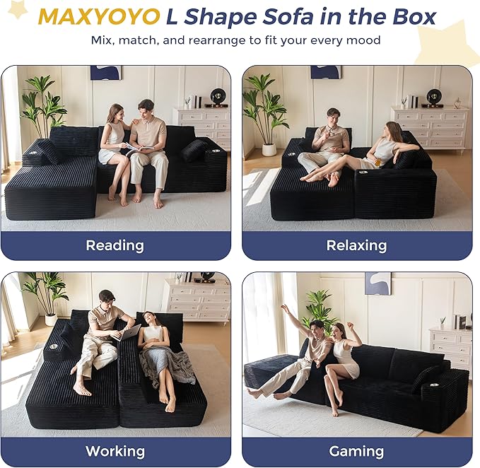 MAXYOYO 104" Modular Sectional Couch with L-Shape Chaise, Modern Boneless Couch for Living Room, Sofa in A Box, Oversized Sofa Sleeper with Deep Seat, No Assembly Required, Black