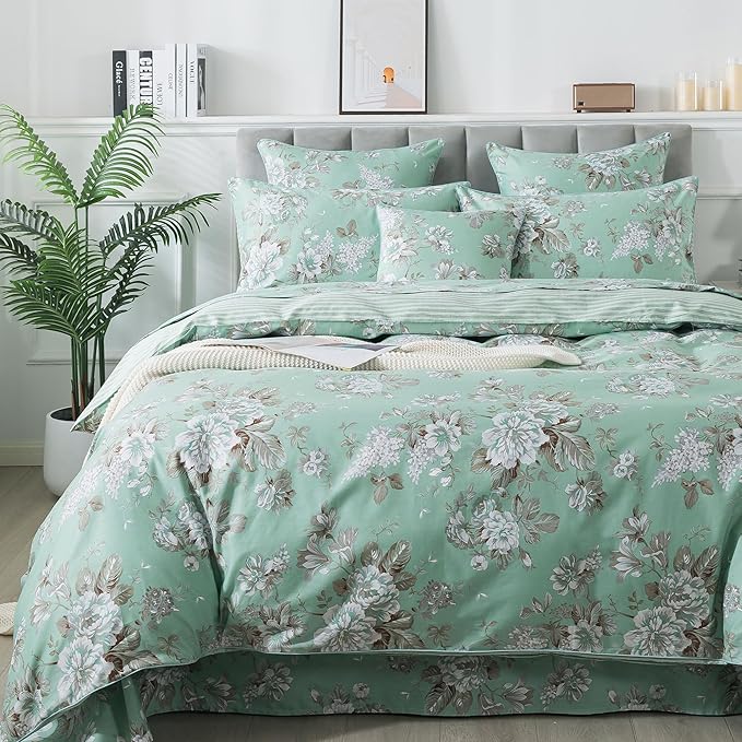 FADFAY Duvet Cover Set Twin Green Toile Floral Bedding Shabby Peony Flower Quilt Cover Set Vintage Farmhouse Bedding 100% Cotton Soft Comforter Cover Set with Hidden Zipper Closure 3Pcs, Twin Size