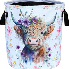 Highland Cow Laundry Basket Foldable Waterproof Oxford Cloth Funny Tote Bag Laundry Hamper Clothes Storage Bucket Toy Organizer For Bathroom/Laundry Storage/Bedroom Storage Basket 17.7x13.7 Inch