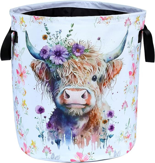 Highland Cow Laundry Basket Foldable Waterproof Oxford Cloth Funny Tote Bag Laundry Hamper Clothes Storage Bucket Toy Organizer For Bathroom/Laundry Storage/Bedroom Storage Basket 17.7x13.7 Inch