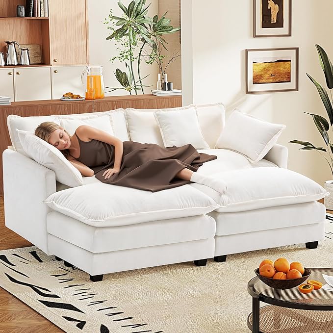 77.6" Modular Sectional Sofa,Loveseat Couch for Living Room, Modern Deep Seat Sofa 2 Seater Chenille Fabric Comfy Cloud Couches with Throw Pillows & Ottoman for Apartment,Small Spaces