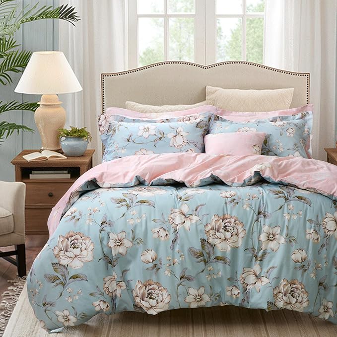 FADFAY Shabby Floral Duvet Cover Set Farmhouse Bedding Blue Cotton Summer Bedding with Hidden Zipper Closure 3 Pieces, 1duvet Cover & 2pillowcases (King/California King Size, Simple Style)