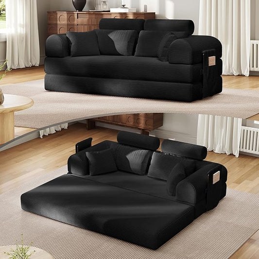 Upgrade High Backrest Design Sofa Bed with Fixed-Shape Frame & Removable Armrests and Backrest, Corduroy Fabric, Convertible Mattress Couch for Small Spaces - No Assembly Neede (High Backrest Black)