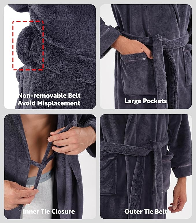 DAVID ARCHY Men's Hooded Robe Soft Coral Fleece Microfiber Bathrobe