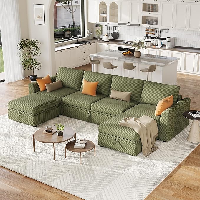 GarveeHome Sectional Sleeper Sofa with Pull Out Bed, Corduroy Modular Sectional 6 Seat Couch with Pull Out Couch and Storage Seat & 2 Ottomans, Convertible Couches for Living Room