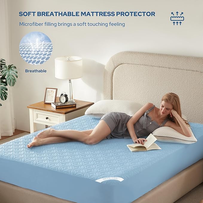 BEDLORE Waterproof Mattress Protector, Cal King Size Mattress Pad with Deep Pocket 6"-23" Depth, Soft Dirt-Proof Double Bed Mattress Cover for Bedroom, College Dorm, Hotel (Sky Blue)