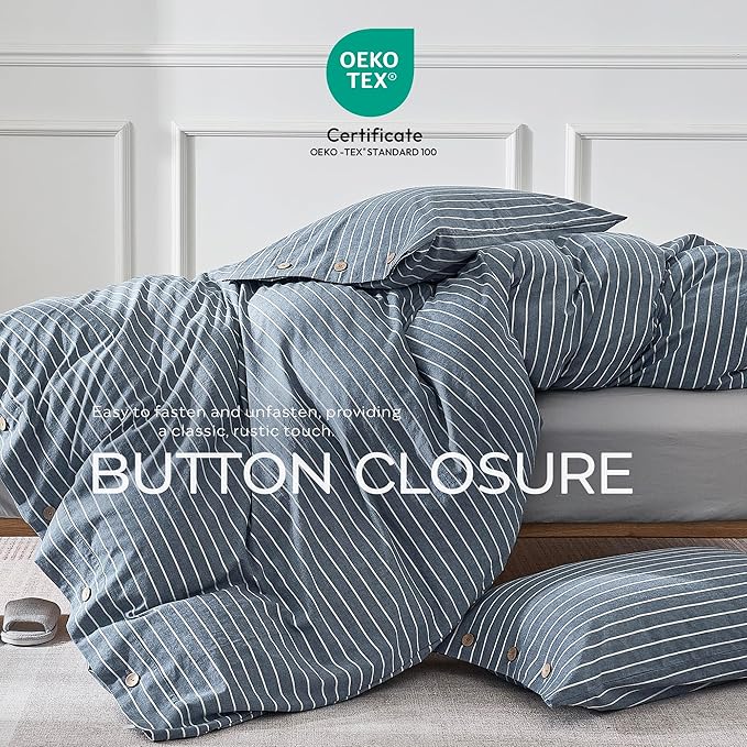 JELLYMONI Washed Cotton Duvet Cover Queen Size – Breathable & Cozy Bedding Set for Modern Homes, Dorms & Guest Rooms, Blue Striped Comforter Cover with Button Closure, 1 Duvet Cover & 2 Pillowcases