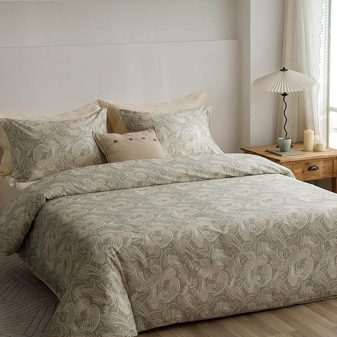 HeimenAogo Egyptian Cotton Duvet Cover King Size Sateen Weave, Silky Soft Boho Duvet Cover Zipper Closure, Long Staple Cotton Bed Linen Paisley Pattern 3 Pcs (104"×90")