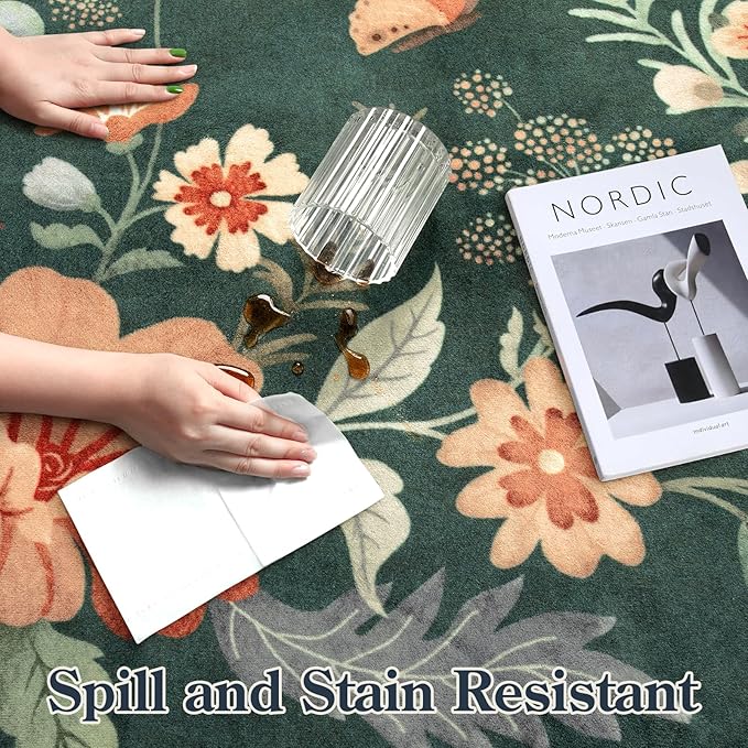 Lahome Floral Washable Living Room Rugs, 5x7 Green Area Rugs for Bedroom ‎‎‎‎Nursery, Ultra-Thin Soft Non-Slip Stain Resistant Boho Throw Carpet for Dining Room Office, Dark Green