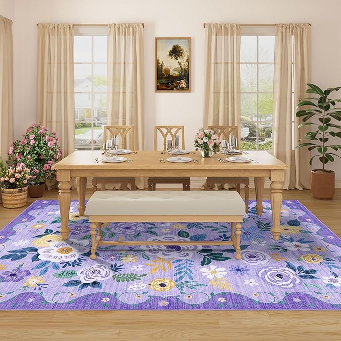 DUKINO 6x9 Area Rug, Floral Rugs for Living Room, Lightweight Non Slip Washable Rug, Indoor Low Pile & Non-Shedding Boho Design Rugs for Bedroom, Living Room, Dining Room, Purple