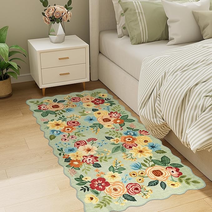 DUKINO 2x4 Washable Runner Rugs, Non Slip Floral Print Entryway Rug with Soft Low Pile, Lightweight Mat for Living Room, Bathroom, Bedroom, Kitchen, Green