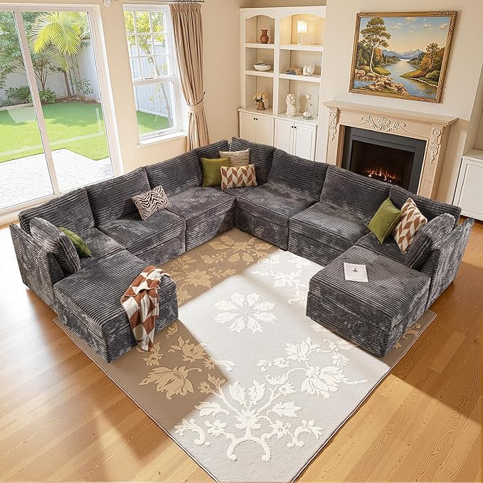 Large 9 Seat Modular Sectional Sofa with Ottoman Seat Corduroy Sleeper Sectional Sofa Bed Oversized Convertible Modular Couch for Living Room
