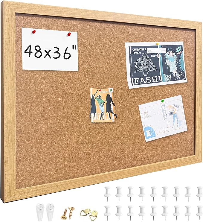 Cork Bulletin Board, 48x36 Inches Hanging Cork Board Wooden Framed with Pins for Wall, Dorm Room, Office, Home Decor – Natural Cork & Black Frame