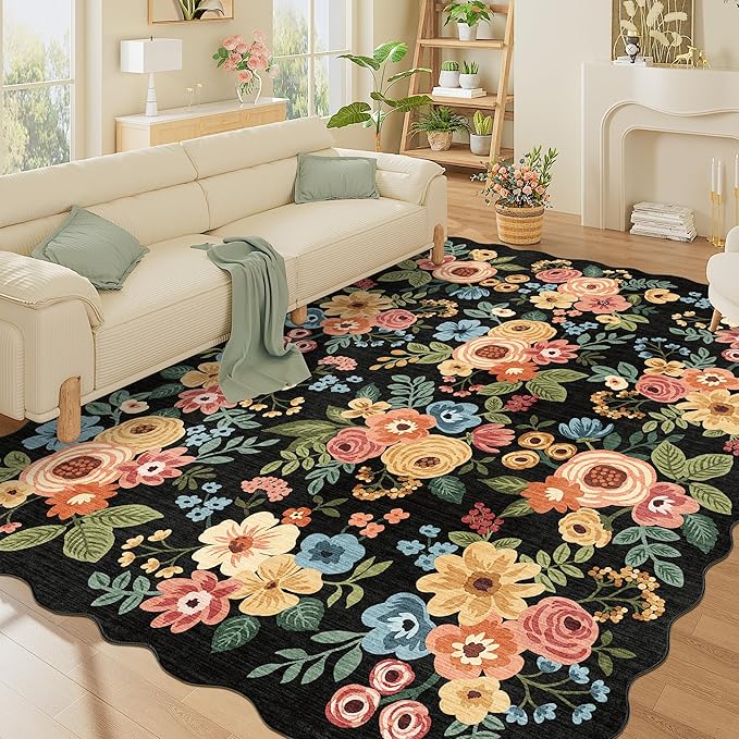 DUKINO 8x10 Area Rug, Floral Washable Rugs for Living Room with Non Slip Backing & Non-Shedding, Lightwight Low Pile Boho Design Large Carpets for Bedroom, Living Room, Dining Room, Black