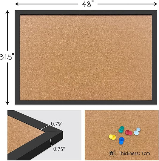 Cork Bulletin Board, 48x31.5 Inches Hanging Cork Board Wooden Framed with Pins for Wall, Dorm Room, Office, Home Decor – Natural Cork & Black Frame