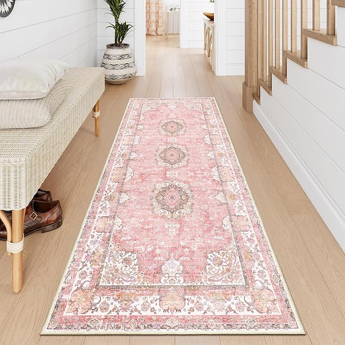 Washable Runner Rug 2'x6',Pink Rug Runners Non Slip,Long Boho Rugs for Hallways Kitchen Bathroom Bedroom Entryway,Vintage Bohemian Distressed Floor Carpet,Blush Floral Flowers