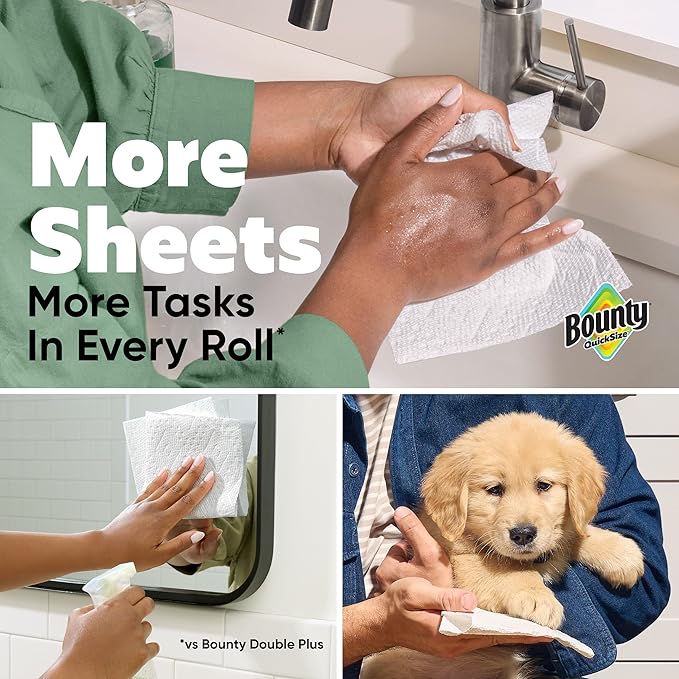 Bounty Quick-Size Paper Towels, White, 12 Family Triple Rolls = 40 Regular Rolls