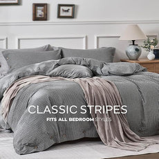 JELLYMONI Cotton Duvet Cover Queen Size - Black Vertical Pinstriped Comforter Cover with Button 100% Washed Cotton 3PCS Breathable Soft Solid Bedding Set Duvet Cover 90×90in & 2 Pillowcases