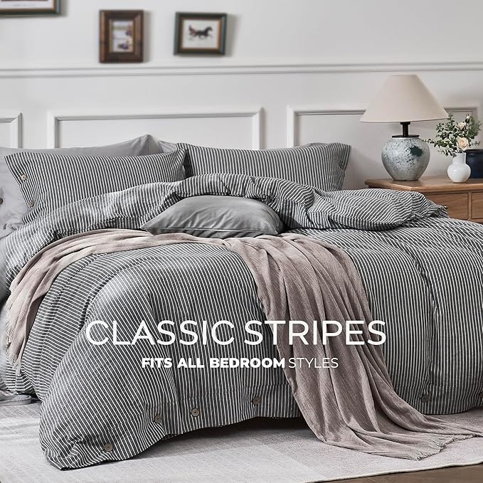 JELLYMONI Cotton Duvet Cover Queen Size - Black Vertical Pinstriped Comforter Cover with Button 100% Washed Cotton 3PCS Breathable Soft Solid Bedding Set Duvet Cover 90×90in & 2 Pillowcases