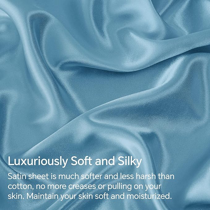 BEDELITE Satin Sheets Twin Size Bed Set, Luxury Soft Airy Blue Silky Sheets for Hair and Skin, Similar to Silk Bed Sheets Set 3 Pieces with 1 Deep Pocket Fitted Sheet, 1 Flat Sheet, and 1 Pillowcase
