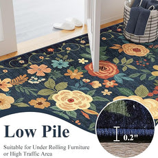 DUKINO 2x8 Runner Rug for Hallway, Washable Kitchen Runner Rug with Rubber Backing Non Slip, Low Pile Soft Boho Floral Thin Carpet for Entryway, Hallway, Bathroom, Laundry Room, Navy Blue