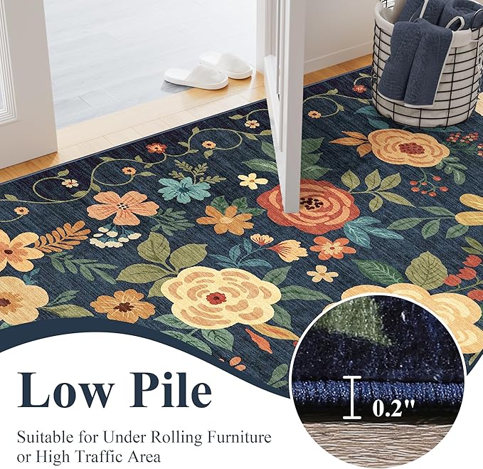 DUKINO Runner Rug, 2x7 Boho Kitchen Rug for Hallways with Low Pile Design, Washable Non Slip Backing Soft Floral Runner for Kitchen, Hallway, Entryway, Bedroom, Laundry, Navy Blue