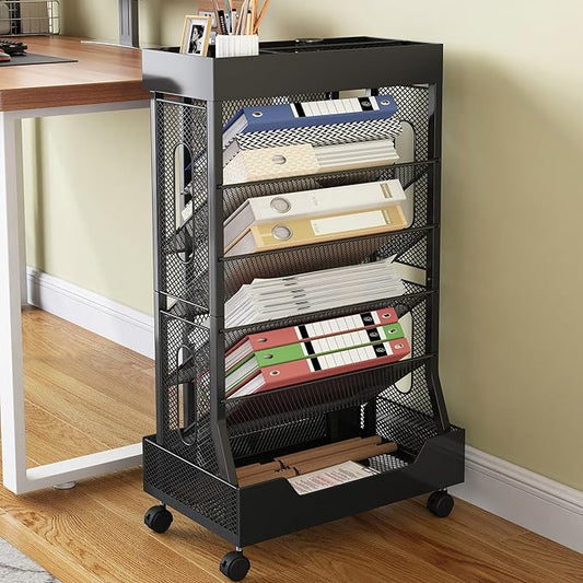 COVAODQ Rolling File Cart Book Cart with Wheels Mobile Bookshelf File Organizer Beside Desk, Free-Standing File Holder, Paper Letter Tray Organizer Mesh Desk Organizer for Office School