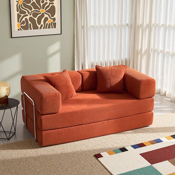 YINIX Foldable Sofa Bed, 62'' Folding Floor Couch, Compressed Convertable Sleeper Sofa, Memory Foam Couch with Pillow Back Support Armrest, 4-in-1 Futon Sofa Bed for Living Room, Orange