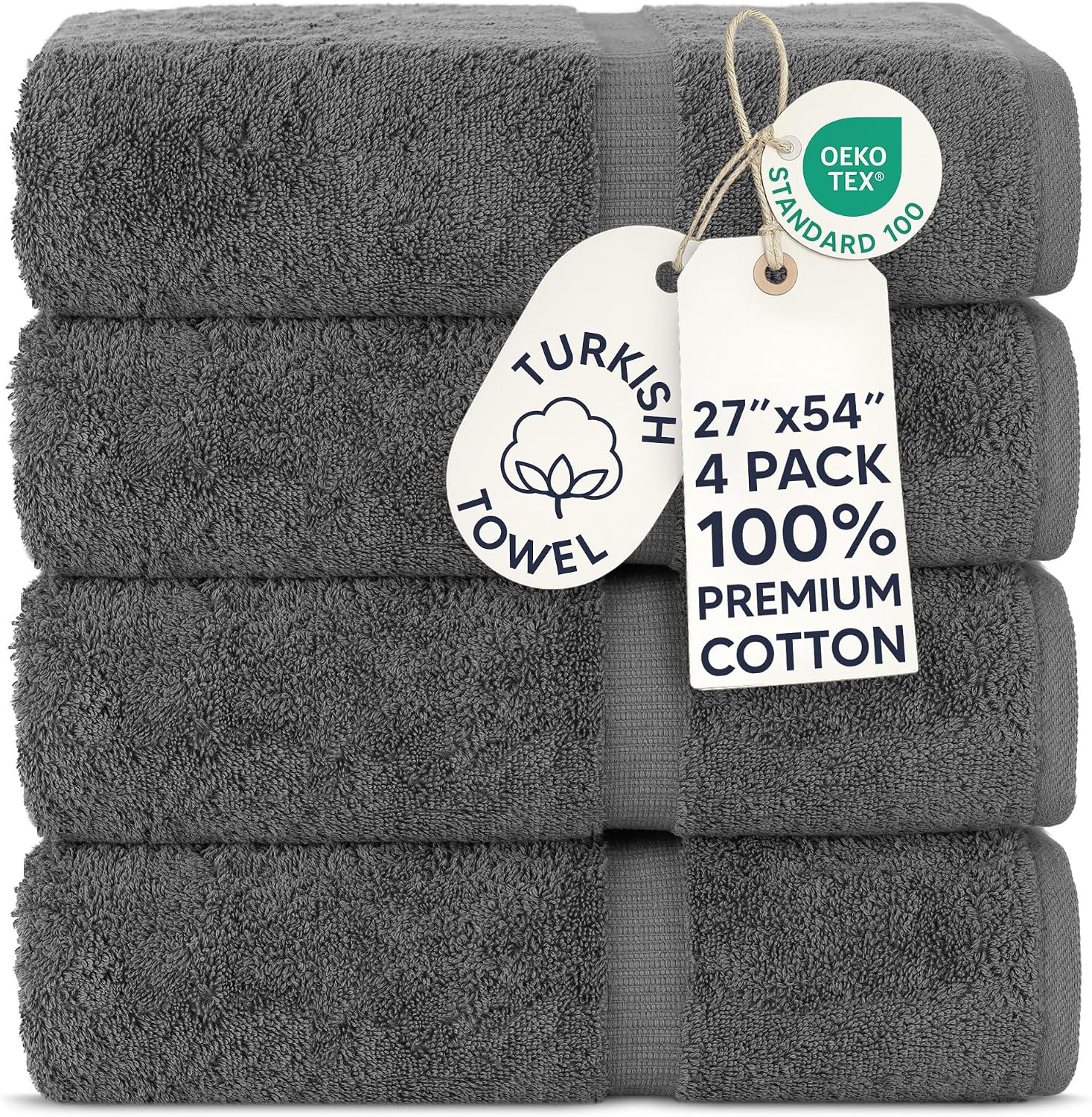 Chakir Turkish Linens 4 Piece Bath Towel Set, 100% Cotton Luxury Turkish Towels for Bathroom, Soft Absorbent Bath Towels, 27 x 54 Inches, Gray