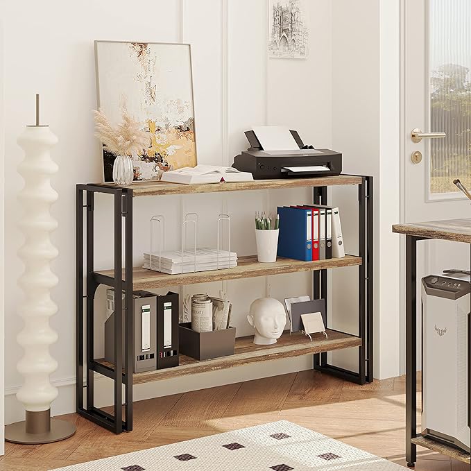 IRONCK Bookshelf Industrial 3 Shelf Bookcase, Wood Storage Shelf with Metal Frame for Living Room, Rustic Brown