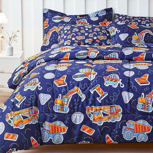 Viviland Kids Full Bedding Sets for Boys, Soft Full Comforter Set with Sheets, 7 Pieces Microfiber Bed in a Bag, Navy Blue Tractor