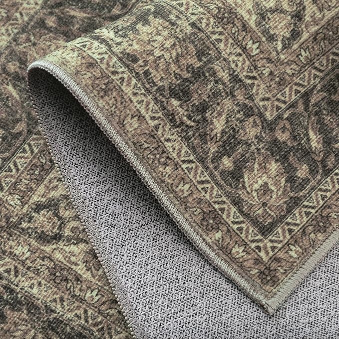 2x5 Washable Brown Runner Rug Vintage Hallway Kitchen Carpet Non-Slip Soft Low Pile Distressed Throw Rug for Bedroom Bathroom Laundry Living Room