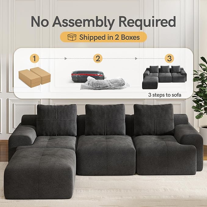 Boneless Couches for Living Room L Shaped Couch Modular Sectional Sofa 112'' Comfy Deep Seat No Assembly Couch Grey Modern 3 Seater Chenille Boneless Sofa with Ottoman for Bedroom Apartment