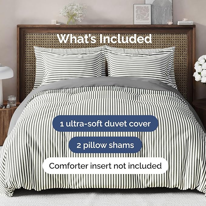Duvet Cover Cal King Size Set - Extra Soft Cal King Size Duvet Cover 104 x 98 with 2 Pillow Shams - Hotel Luxury and Fade Free w/Zipper Closures & Ties - Comfy Breathable Bedding Set (Grey Stripes)