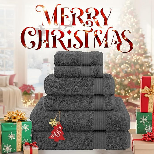 Cotton Paradise 6 Piece Towel Set 100% Cotton Soft Absorbent Turkish Towels for Bathroom 2 Bath Towels 2 Hand Towels 2 Washcloths, Dark Gray Towel Set