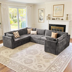 Large 7 Seat Modular Sectional Sofa with Ottoman Seat Corduroy Sleeper Sectional Sofa Bed Oversized Convertible Modular Couch for Living Room