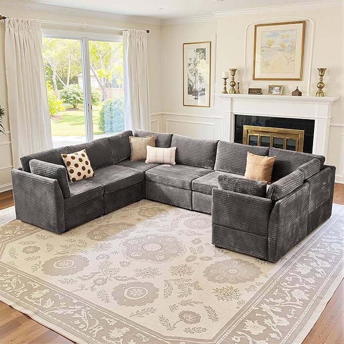 Large 7 Seat Modular Sectional Sofa with Ottoman Seat Corduroy Sleeper Sectional Sofa Bed Oversized Convertible Modular Couch for Living Room