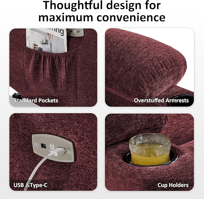 MCombo Power Lift Recliner Chair with Extended Footrest for Elderly People, Fabric 7283 (Burgundy, Large)